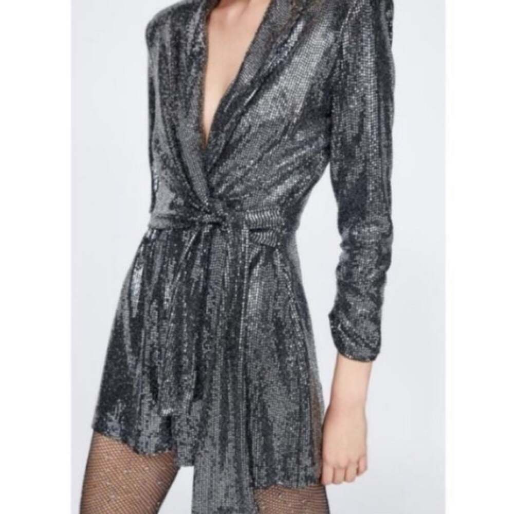Zara Silver Sequin Blazer Playsuit with Shawl Collar